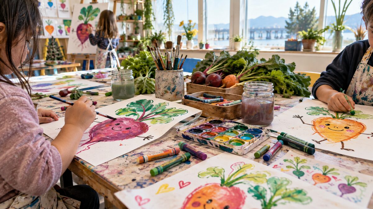 Photorealistic editorial illustration of children painting root-vegetable characters at a Delta arts workshop
