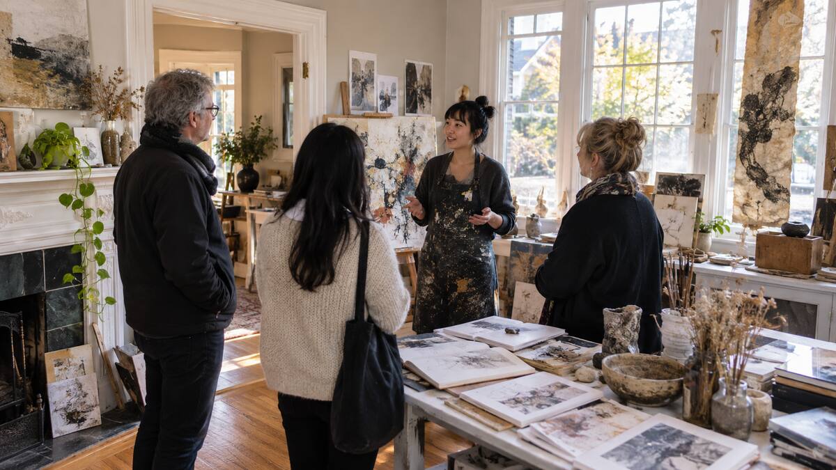 An artist speaking with visitors inside a heritage house studio in Richmond British Columbia