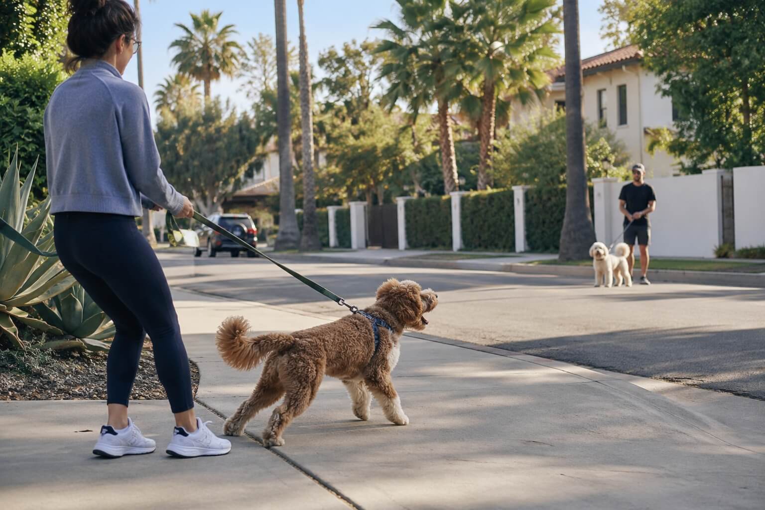 A dog barking excitedly toward another dog across a sunny California neighborhood street while its handler maintains distance