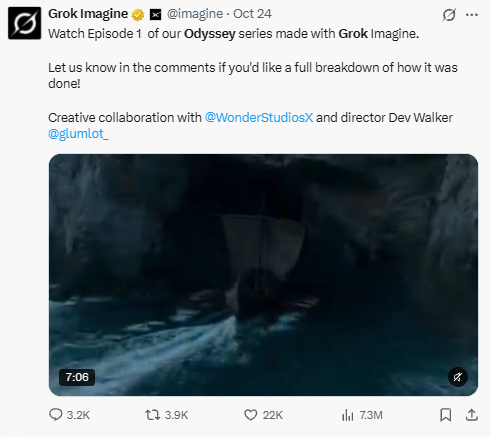 Grok Imagine post on X: Watch Episode 1 of our Odyssey series made with Grok Imagine
