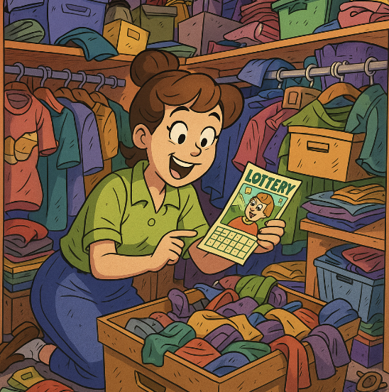 A surprised woman holding a winning lottery ticket in a messy closet