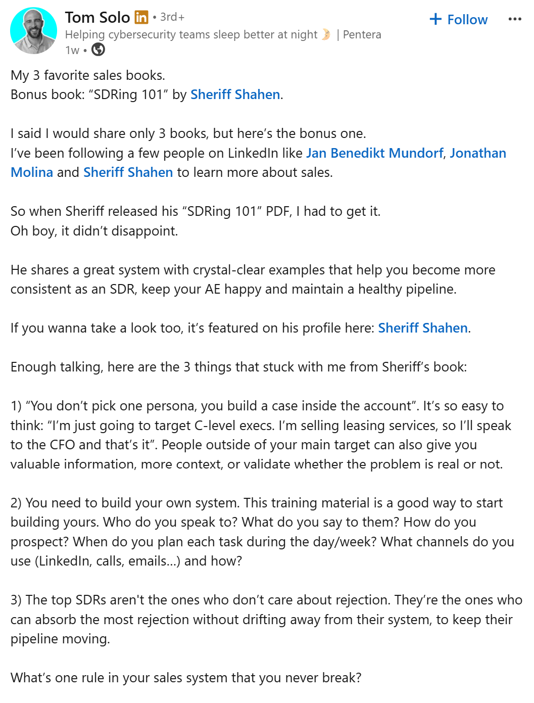 Tom Solo’s public LinkedIn recommendation of SDRing 101