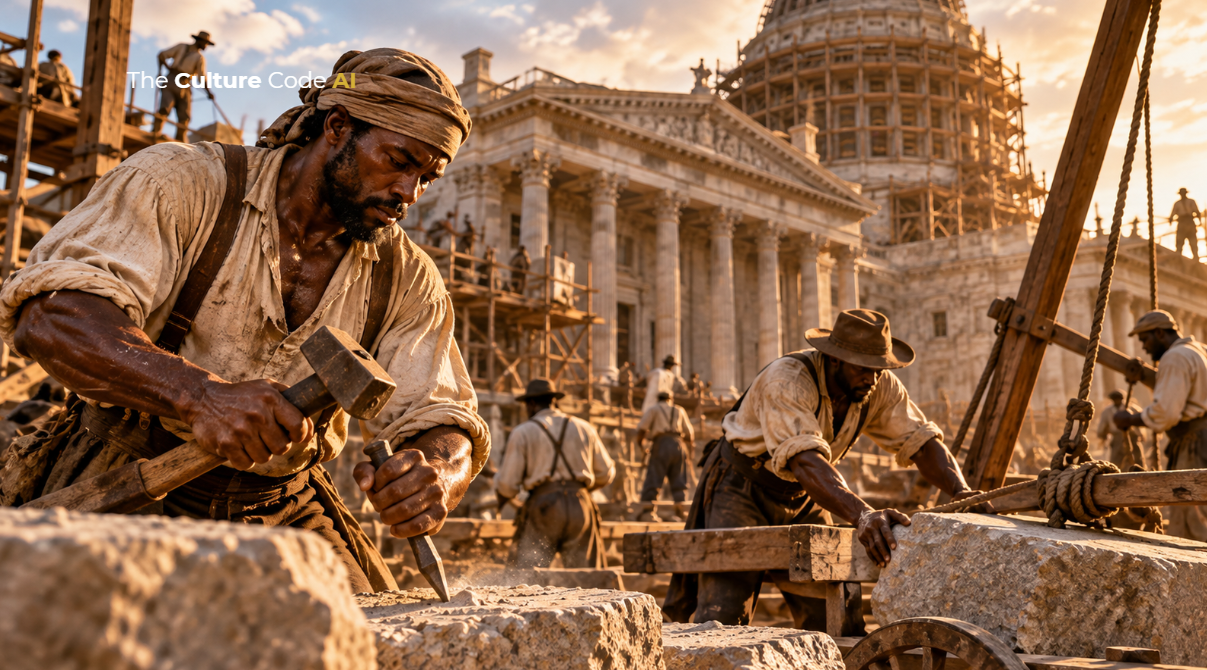 Black builders laying stone for the White House in 1792