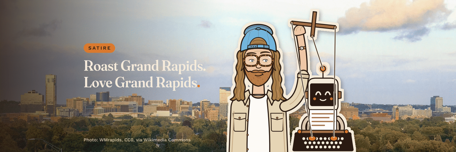 Animated cartoon illustration of Cam, the Roast's founder, working a robot writer like a marionette over the Grand Rapids skyline. Cam, drawn with long wavy hair, a trimmed beard, tortoiseshell glasses, a backwards light blue cap and an off white overshirt, raises a wooden control bar whose strings gently bob and move the hands of a smiling robot typing on a typewriter while its antenna glows. Text reads SATIRE and Roast Grand Rapids. Love Grand Rapids.