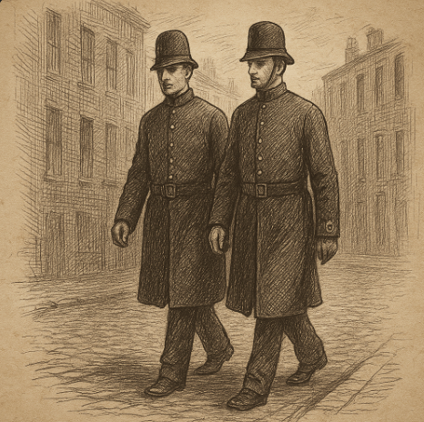 Vintage style sketch: early London police officers walking a beat