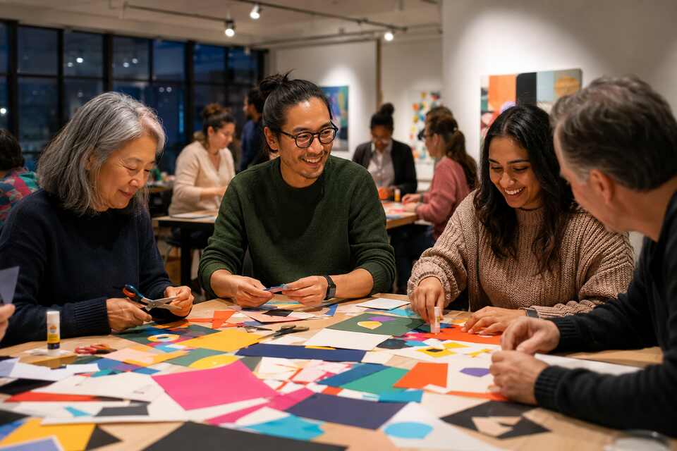 Adults creating shape-based collage art during a social workshop at Richmond Cultural Centre Annex