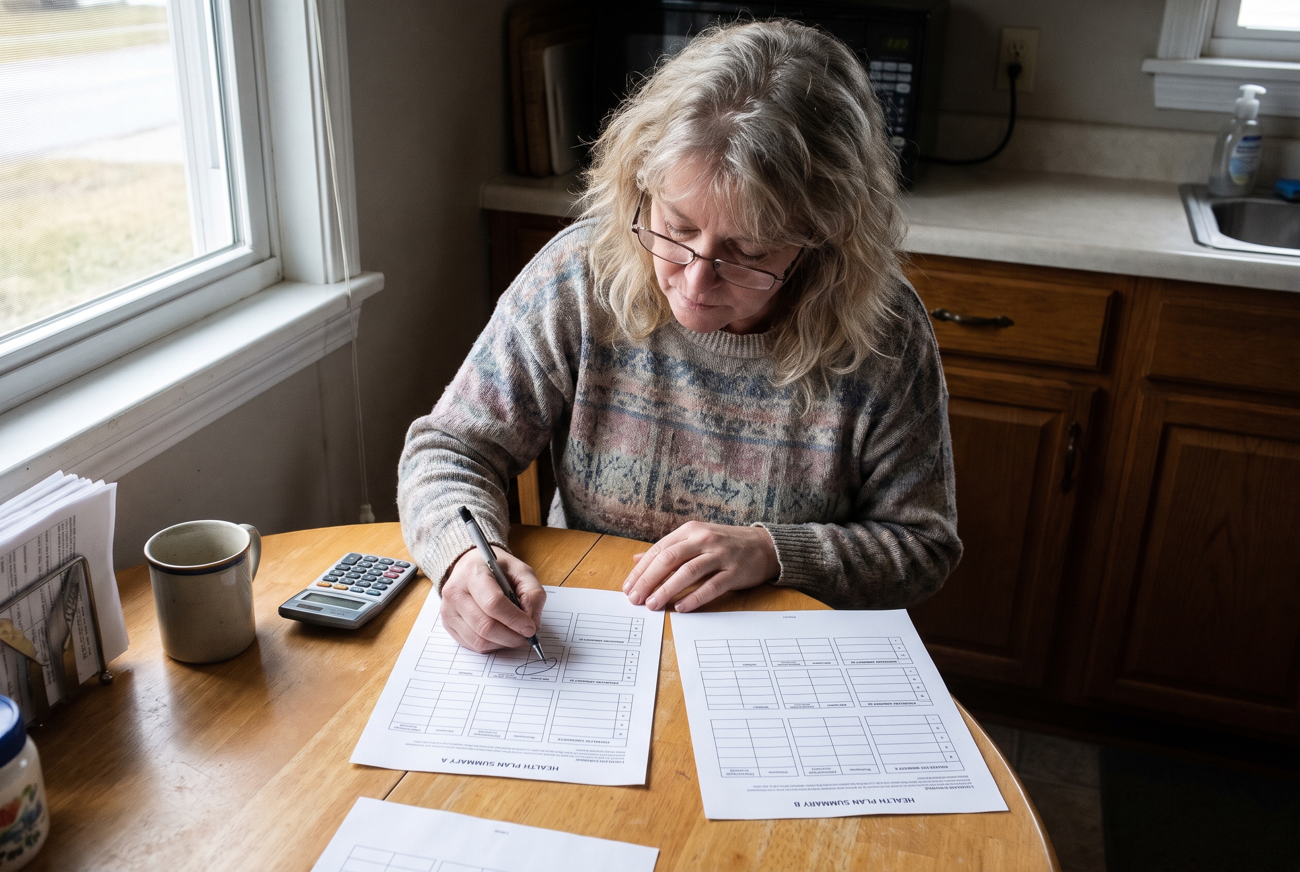 Illustrative household action: Candid phone photo woman about 55 comparing two generic health plan summary sheets with simple blank rows and using a pen to circle a line, glasses and small calculator at kitchen table, no invented legible benefit values.