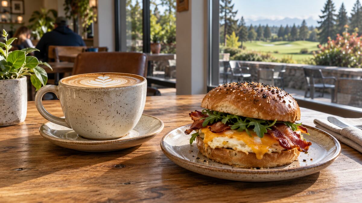 Locally roasted coffee and a breakfast sandwich in a Tsawwassen cafe
