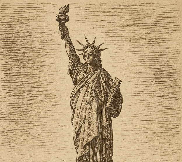 Sepia ink sketch of Statue of Liberty unveiling in 1886 with ships in New York Harbor, cross-hatched shading on aged paper