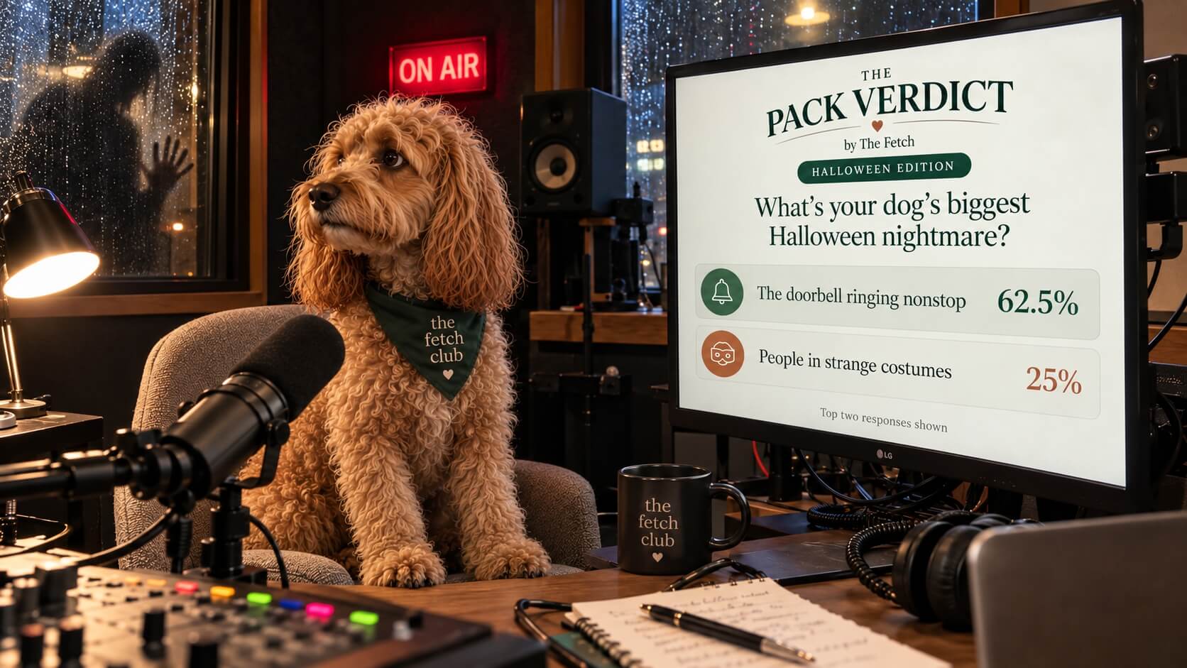 The Pack Verdict Halloween results displayed in a haunted radio studio, with The Fetch mascot wearing her green bandana and a mysterious silhouette behind the window. Doorbell ringing leads with 62.5%, followed by strange costumes at 25%.