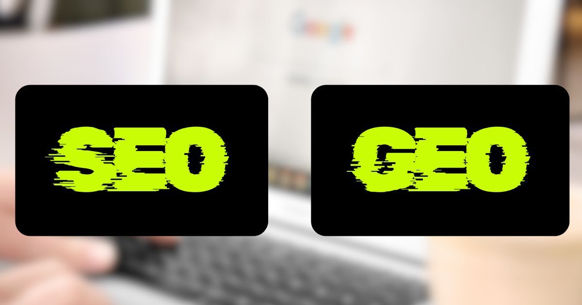 Comparison of SEO and GEO labels in glitch-style typography