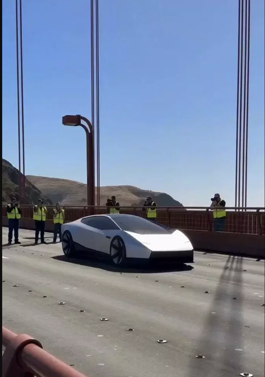 A Tesla Roadster launching off the Golden Gate Bridge above the water with glowing thrusters, a still from an AI-generated video