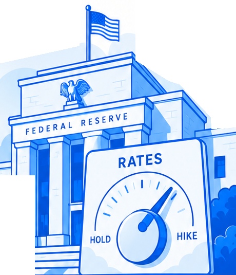 Illustrated Federal Reserve building and rates dial