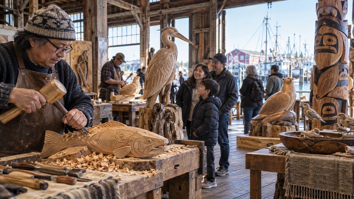 Woodcarvers demonstrating their craft inside a historic Steveston shipyard building
