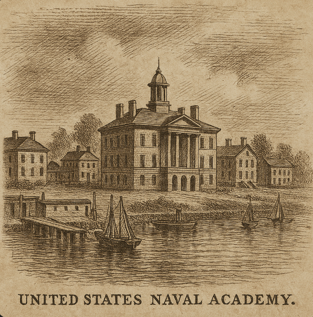 Sepia ink sketch of mid-19th-century naval academy buildings and harbor, cross-hatched shading on aged paper