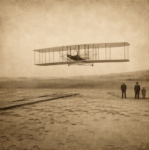 Early fixed-wing aircraft lifting off over sandy dunes