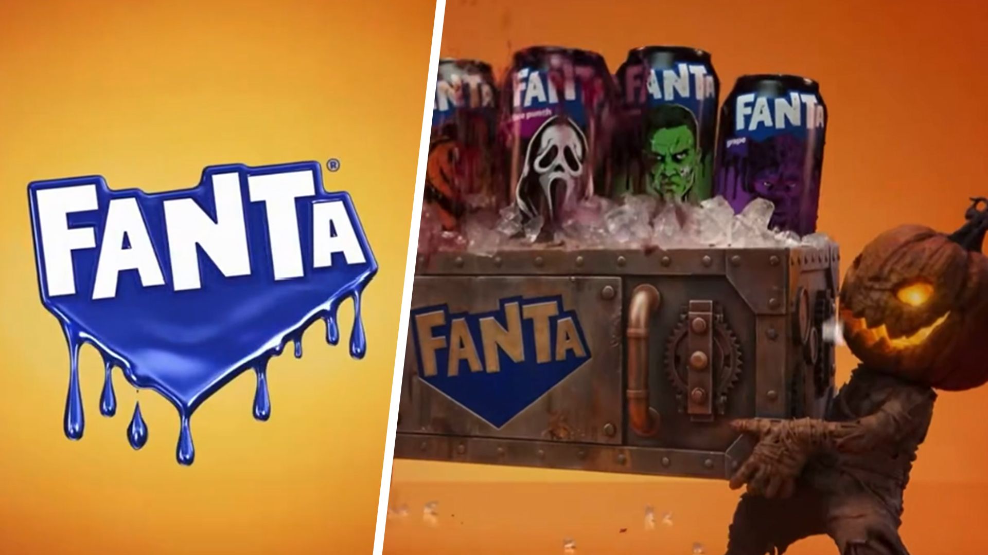 Still from the Fanta Halloween ad, cans with monster faces and a pumpkin head