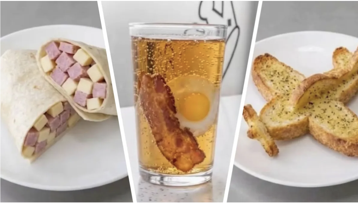 A menu photo of sausages, bacon, and fried eggs floating in a tall glass of cola, an AI-generated image meant to show a breakfast sandwich