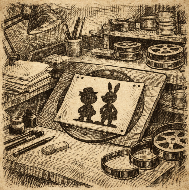 Vintage animation studio desk with film reels, pencils, and character sketch silhouettes, no people or text