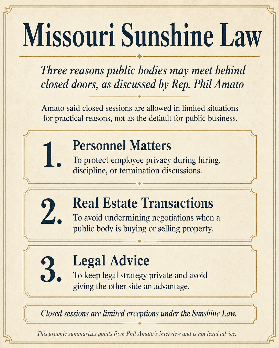Missouri Sunshine Law graphic explaining three reasons public bodies may meet behind closed doors