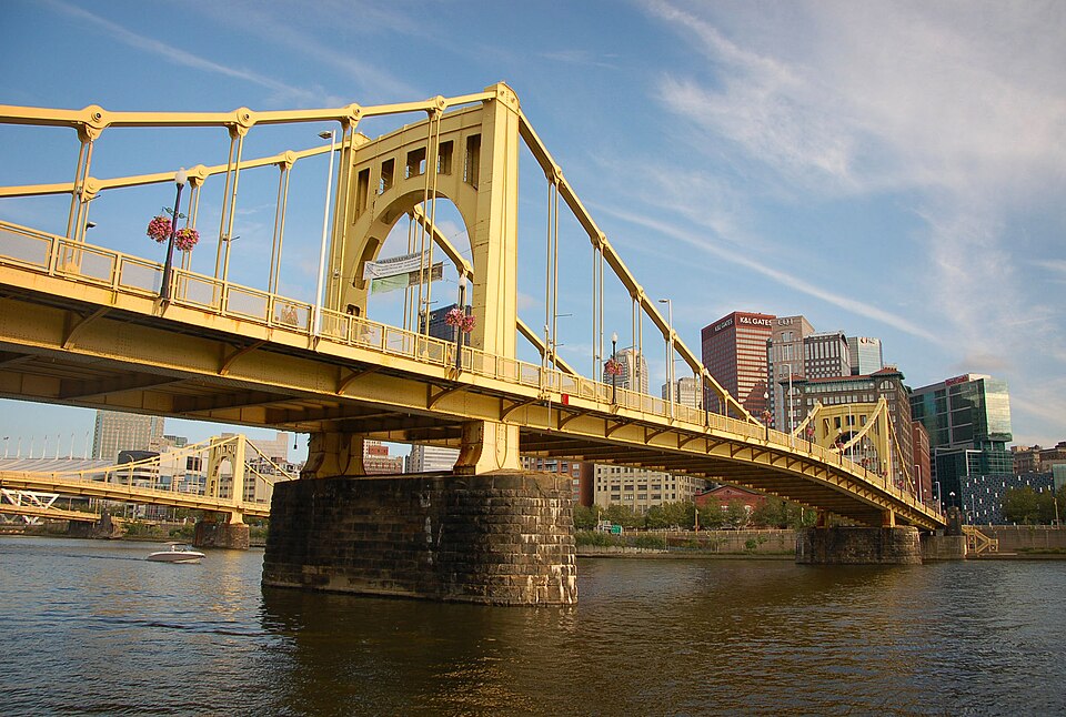 Fans walking across the Roberto Clemente Bridge during NFL Draft week in Pittsburgh
