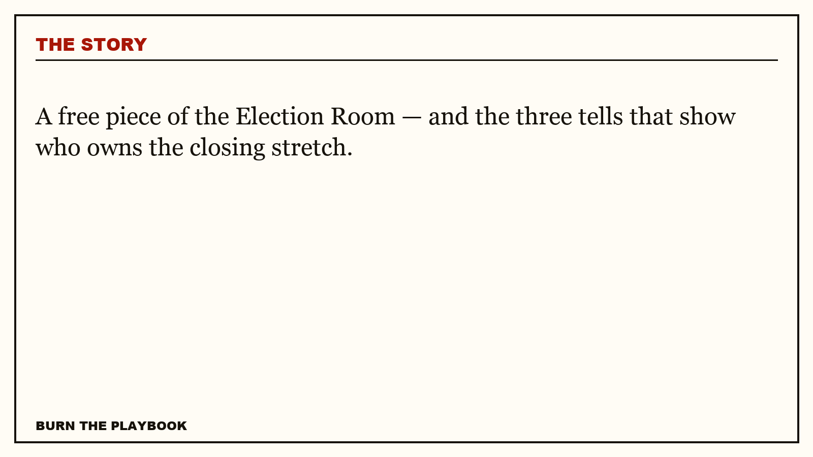 Record plate: A free piece of the Election Room, and the three tells that show who owns the closing stretch.
