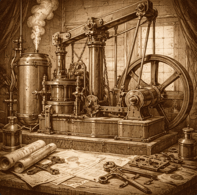 Early steam engine components with pistons, gears, and flywheel