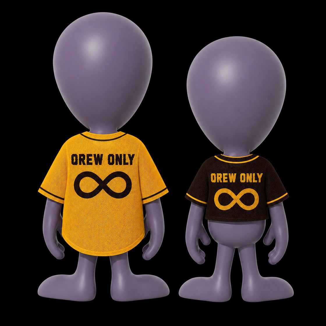 Two Qrew alien mascots wearing a yellow standard jersey and a brown cropped jersey