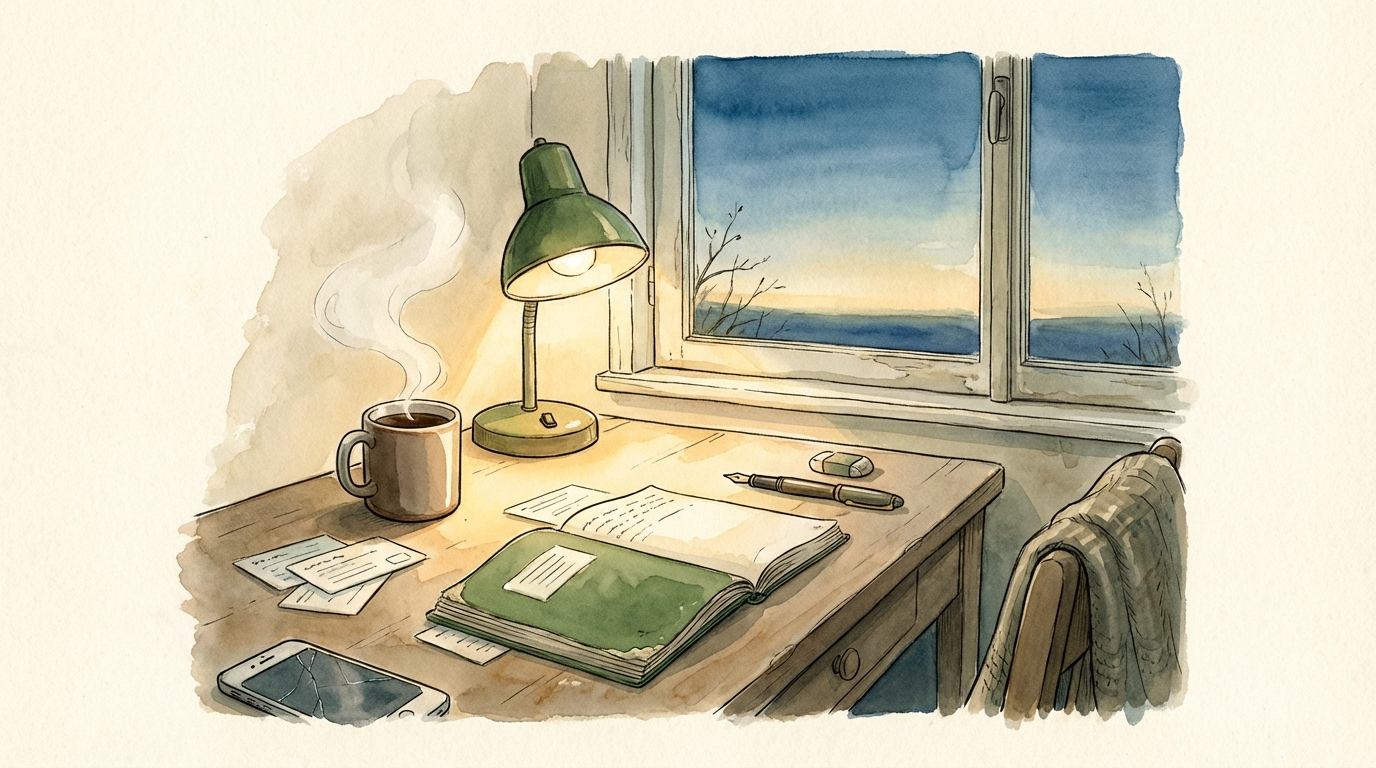 A quiet study desk at dawn — lamp, notebook, and coffee waiting