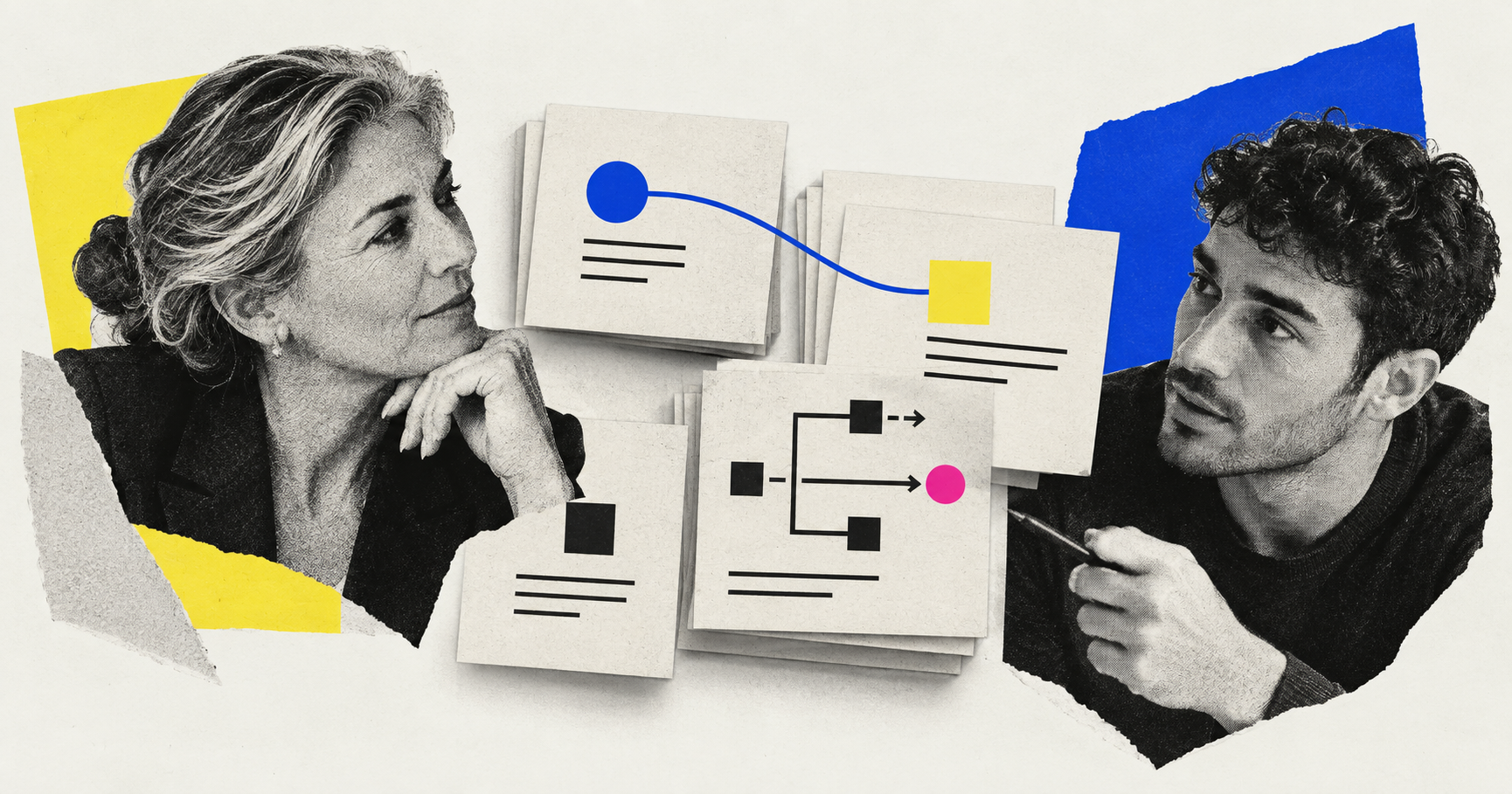 Editorial illustration of experienced and junior colleagues discussing branching decision records
