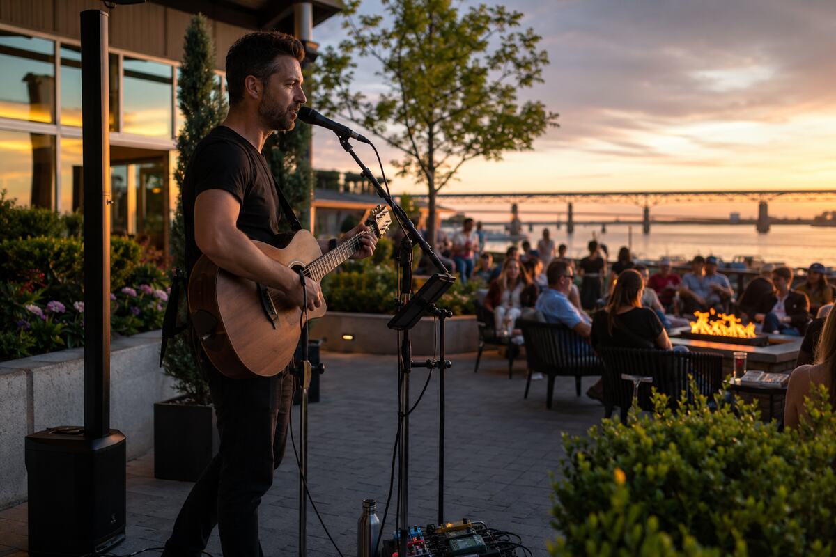 Solo live-looping musician performing with guitar on a riverside resort patio