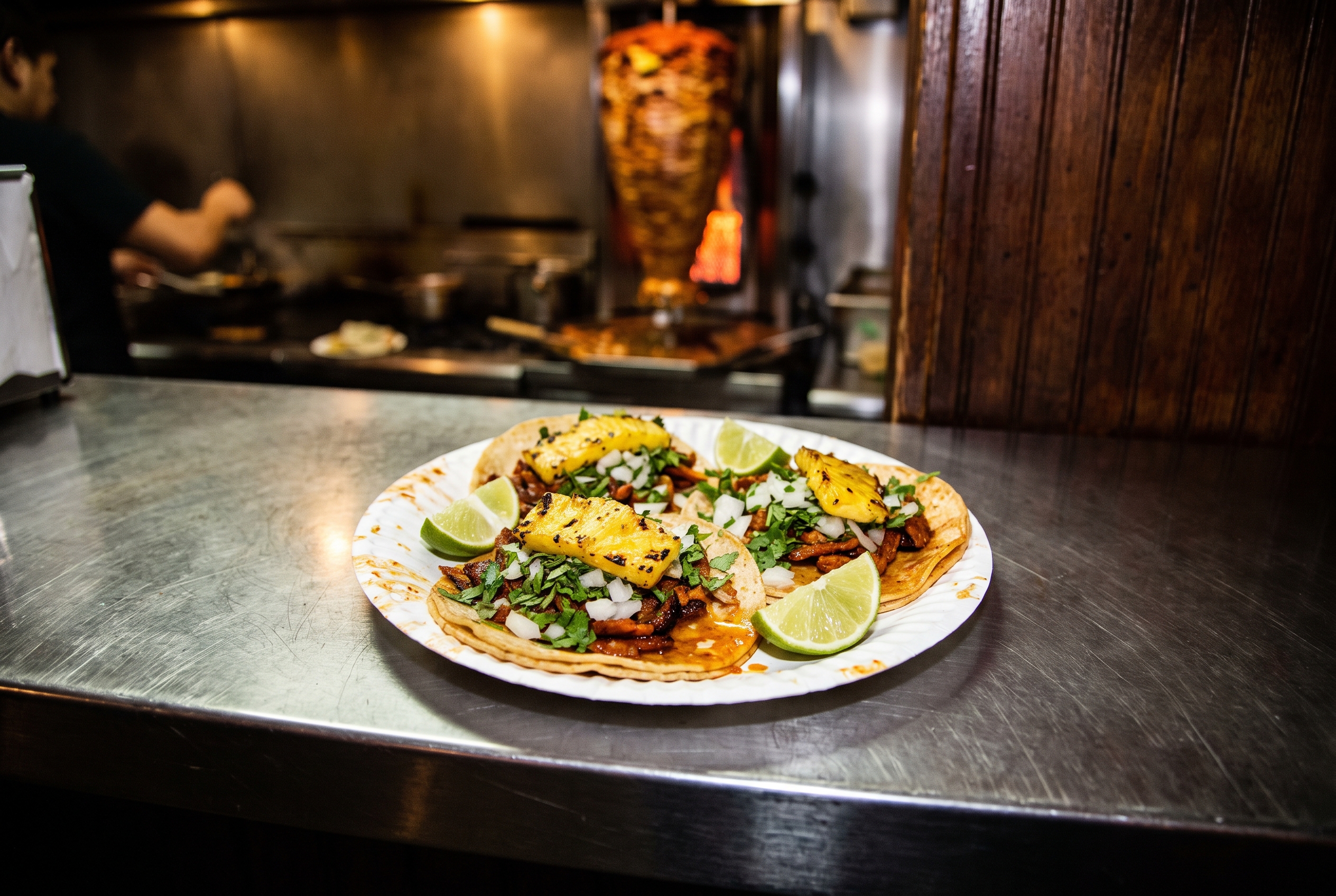 Three tacos on a paper plate at a taqueria counter