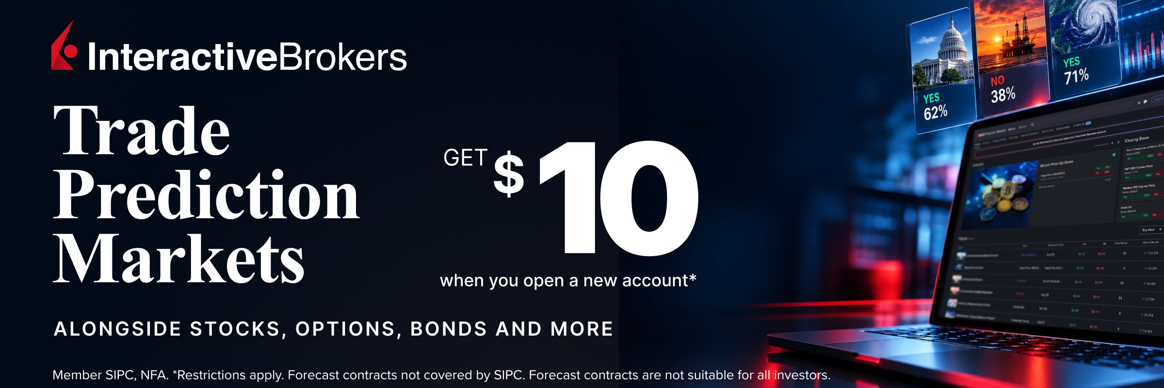 Interactive Brokers: trade prediction markets, get $10 when you open a new account