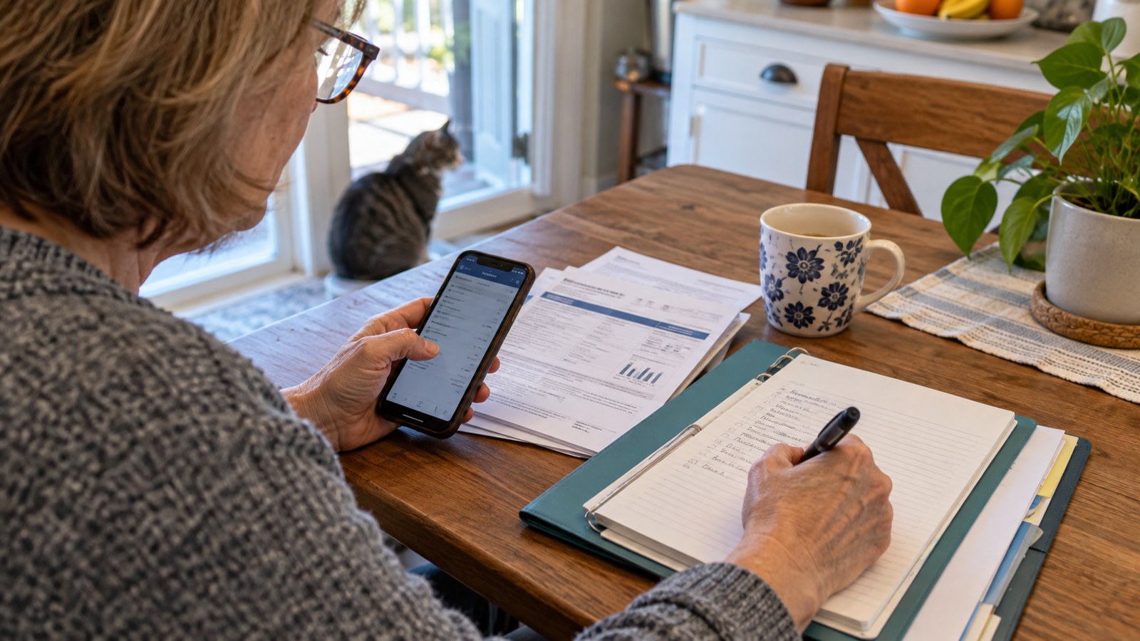 Hands of a woman in her50s with phone, recent utility bill with unreadable details, folder and pen writing a household help inquiry. No fake dollar amounts, no shame.