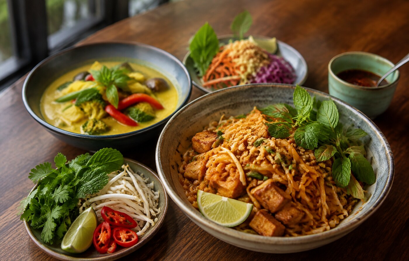Thai curry, rice and fresh herbs arranged on a restaurant table
