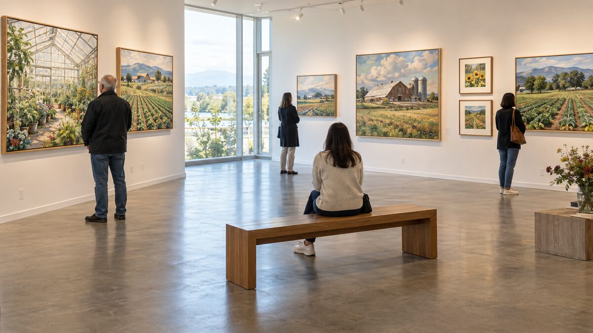 Photorealistic editorial illustration of Delta rural-themed community artwork displayed in a civic gallery