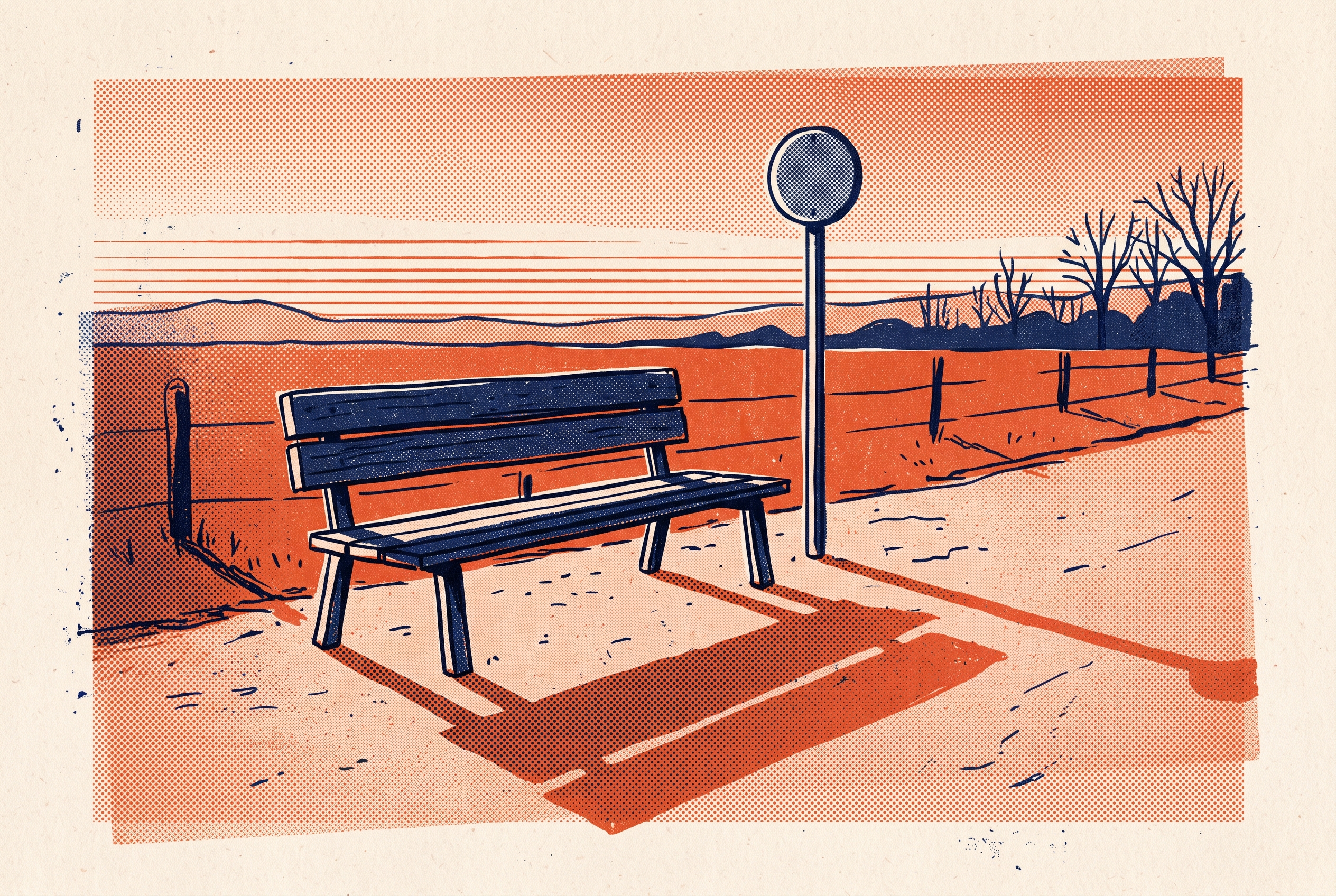 An empty roadside bench with long afternoon shadows