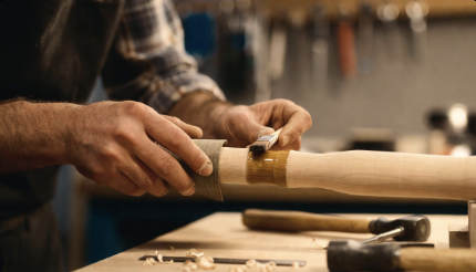 Hands sanding and oiling a wooden tool handle