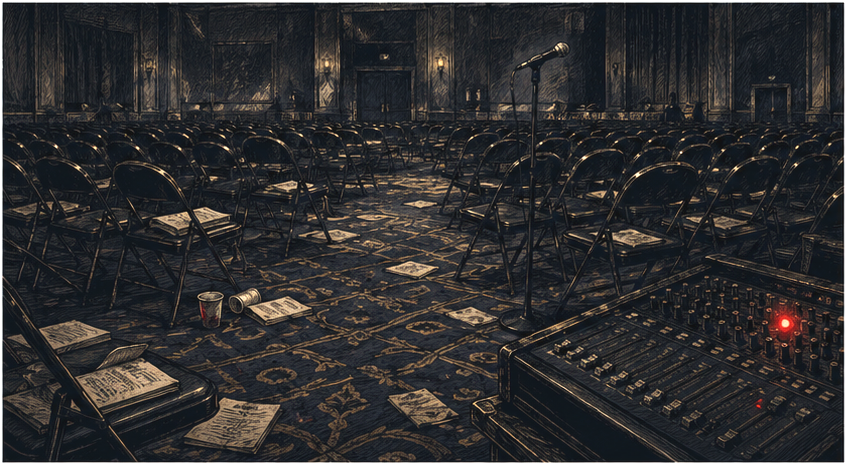 An empty Detroit convention room after a tense party event.