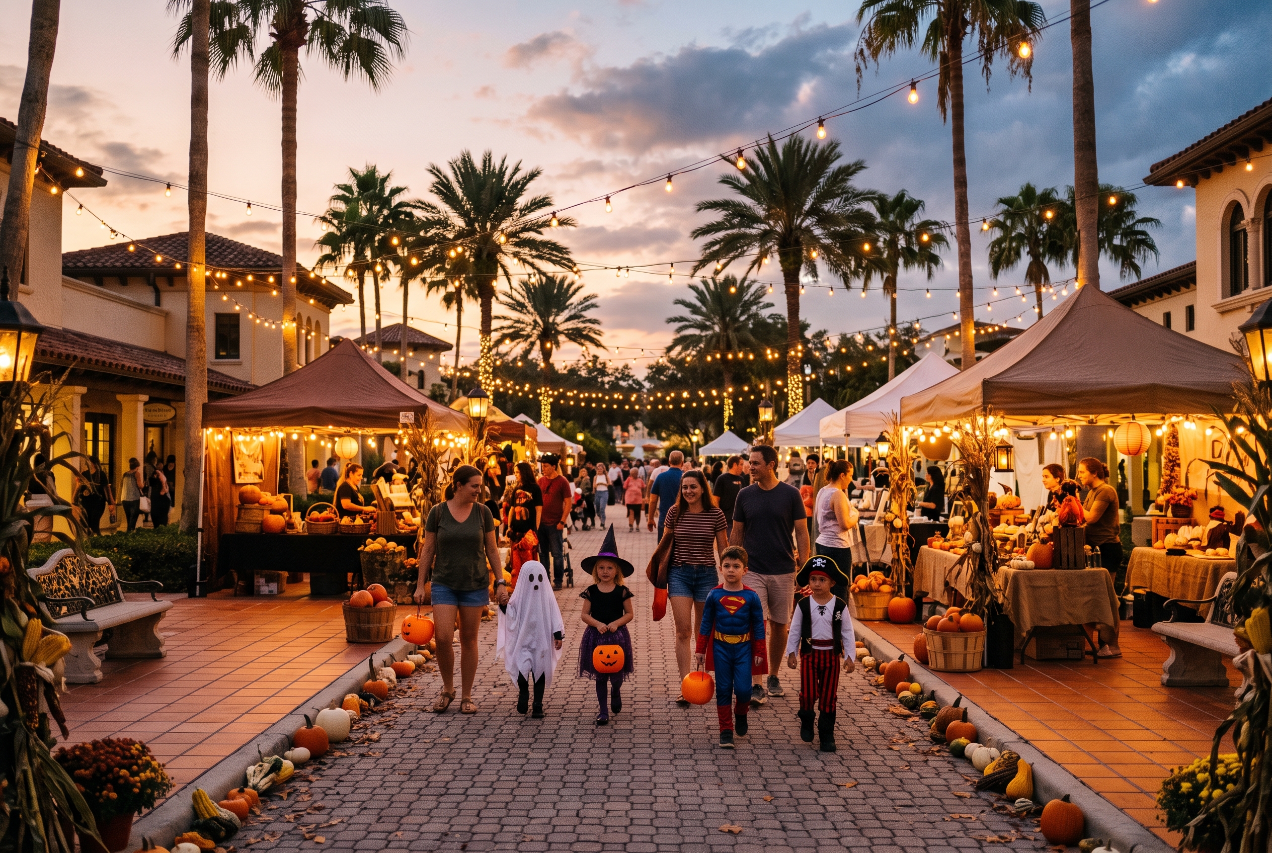 Illustration of a fall market with pumpkins, string lights and vendor booths at Tradition Square