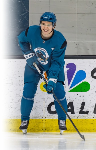 Macklin Celebrini on the ice