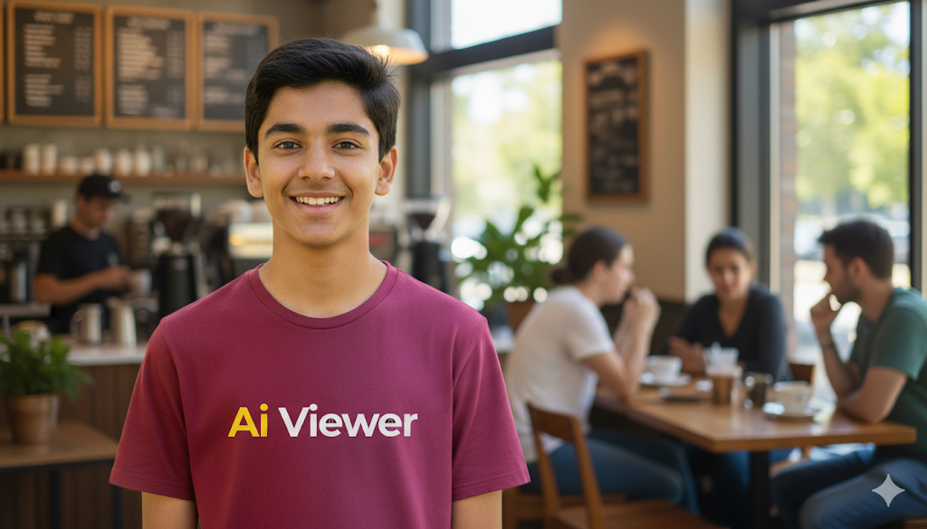Ai Viewer t-shirt in coffee shop