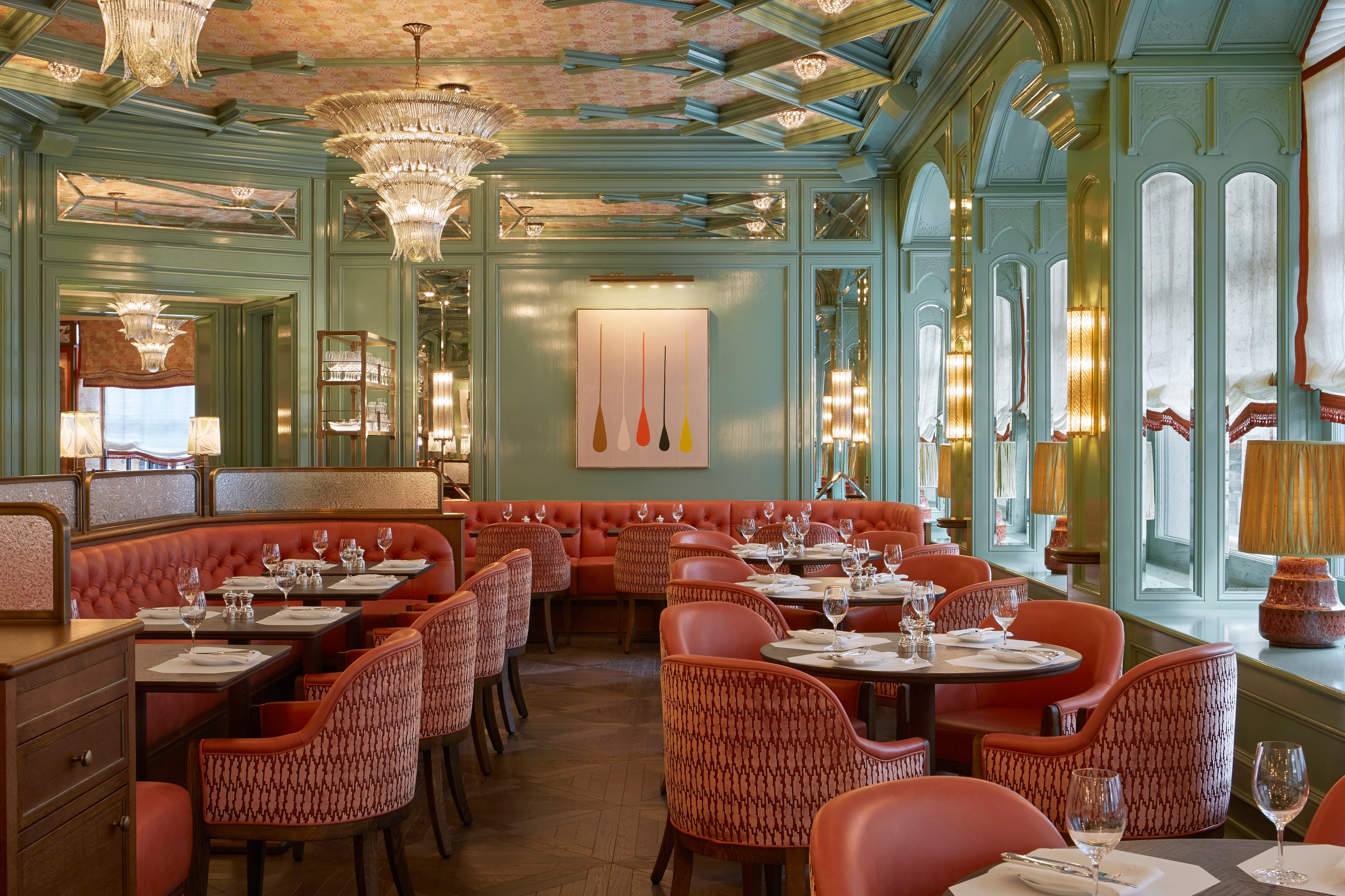 Colorful mirrored dining room at Baur’s brasserie