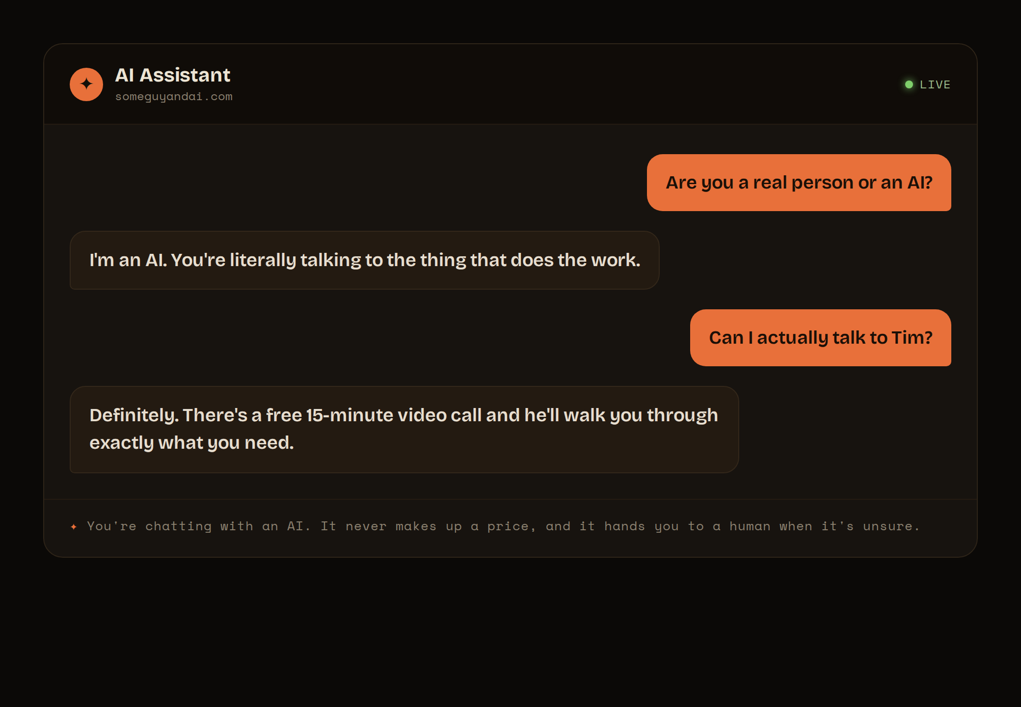 A real chat with the AI on someguyandai.com: it says it's an AI and offers a call with Tim
