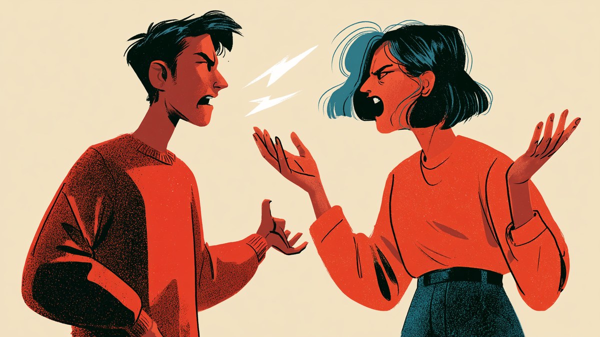 An illustration of two people arguing face to face, lightning bolts between them
