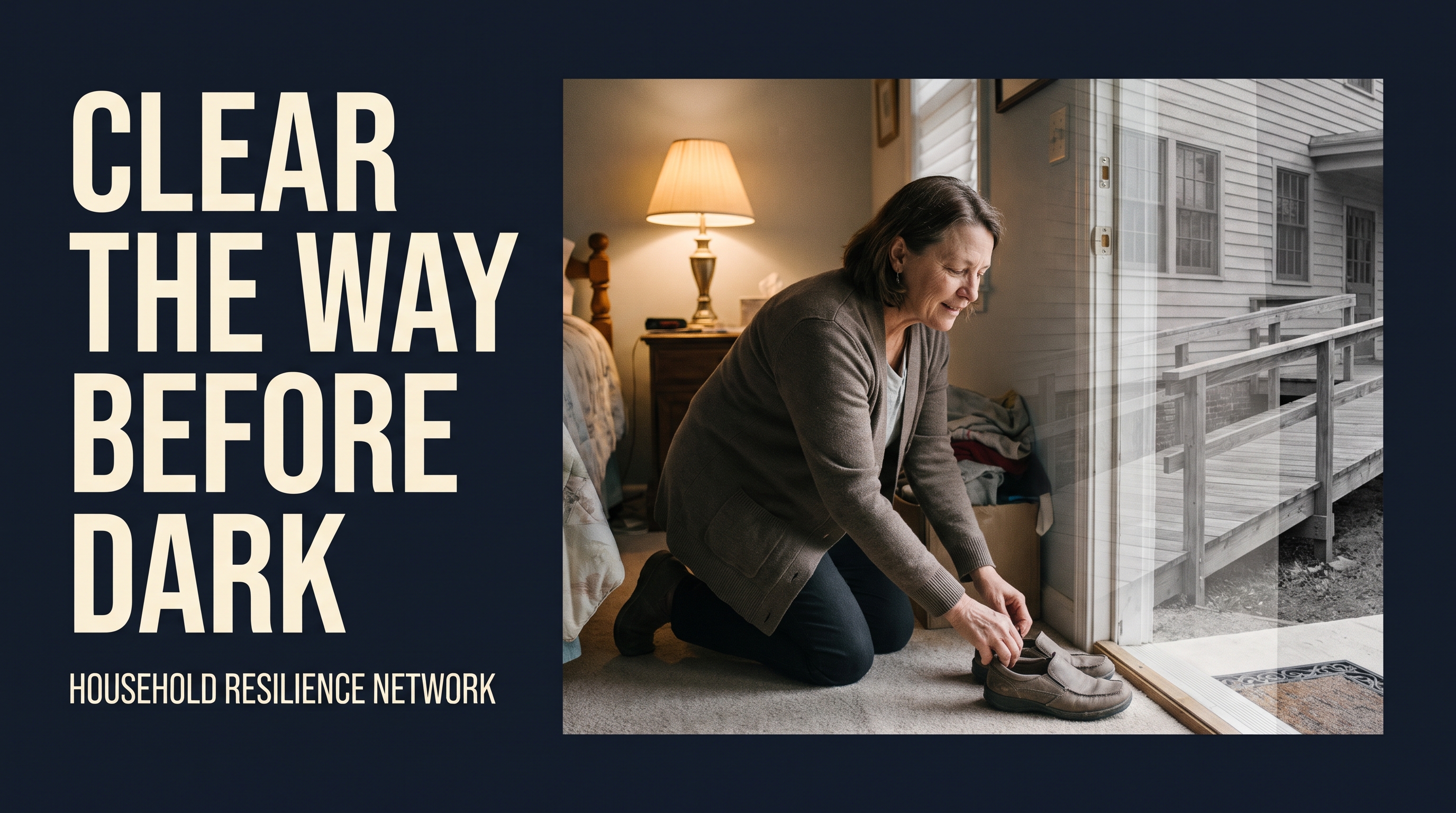 Illustrative documentary-style montage: A woman about 55 moving shoes out of a well lit bedroom doorway, reachable bedside lamp visible. Background subtle reconstructed monochrome 1940s accessible campus ramp. Dignified independent living, no fall or injury.