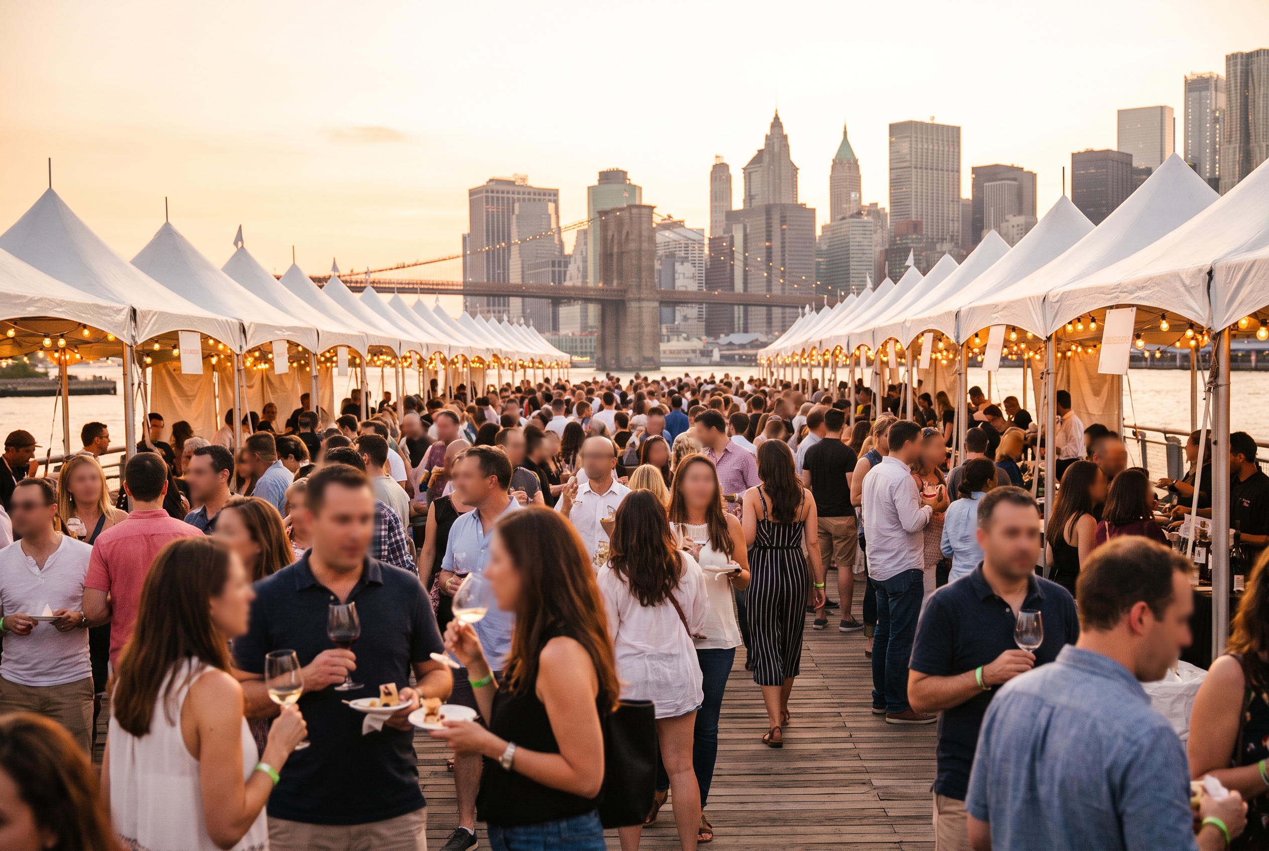 Crowded waterfront food festival at dusk