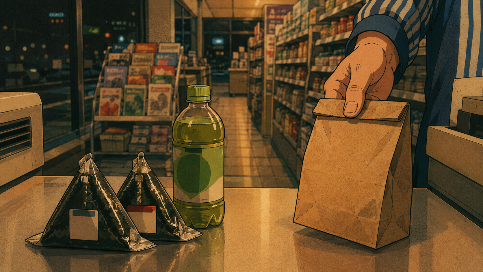A figure at a Lawson conbini counter holding two onigiri and a bottle of green tea, frozen mid-thought as the cashier waits politely — the moment of counter-panic itself.
