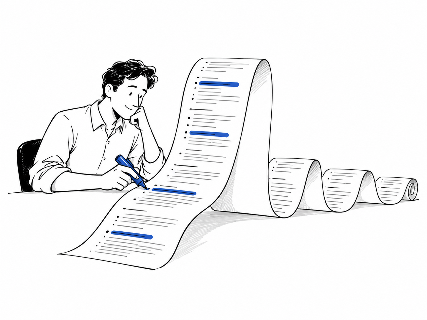 A professional selecting key achievements on a long, unfolding CV.