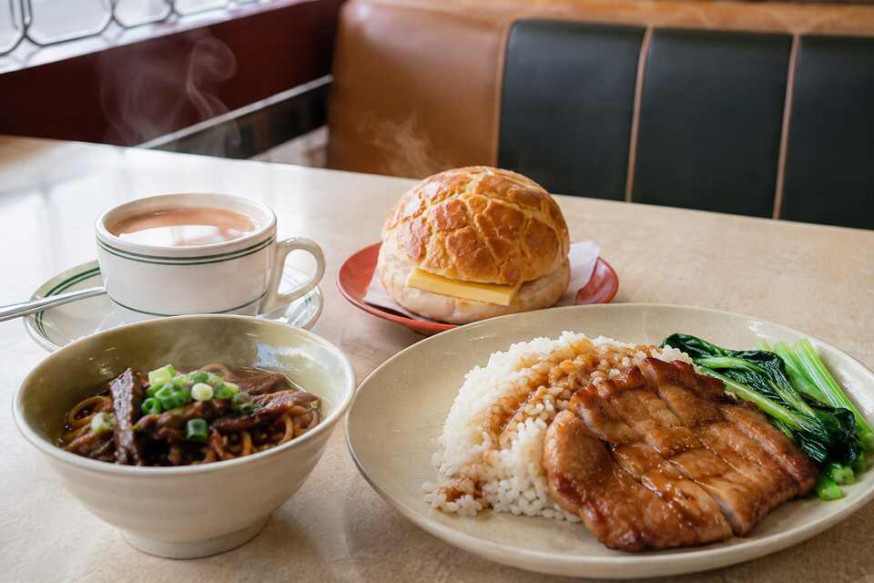 Hong Kong-style cafe dishes with milk tea and a pineapple bun at Lansdowne Centre in Richmond BC